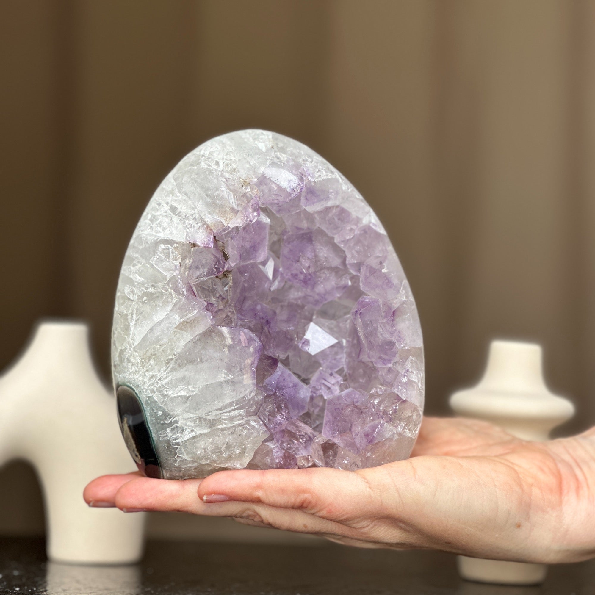 White Quartz Crystal Egg, Unique Amethyst Geode, Statement piece for collectors, Large Cave with  Agate formations