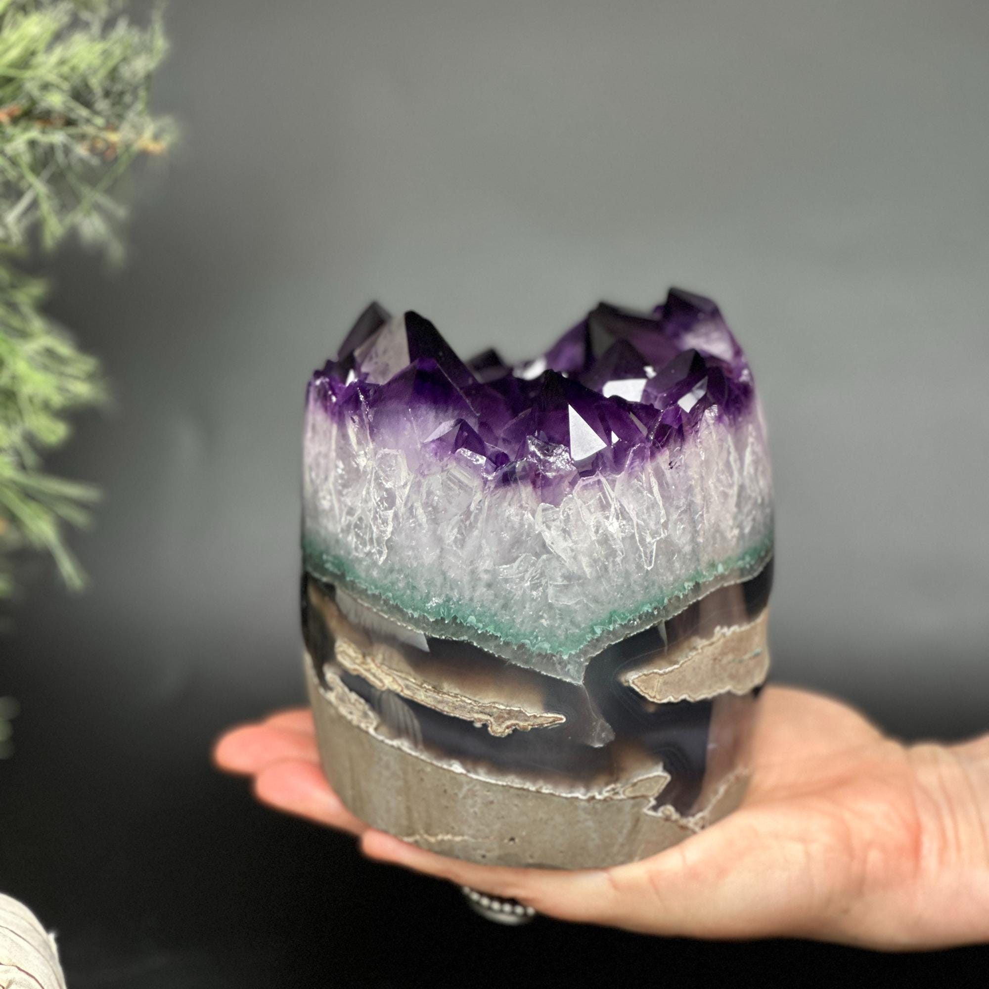 Large Amethyst and Agate Crystal Cylinder – Stunning Polished Quartz Decor Piece, Natural Purple Stone