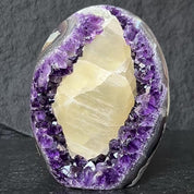 Rare Find Crystal Formations, Amethyst Geode with calcite and agate, piece for collectors