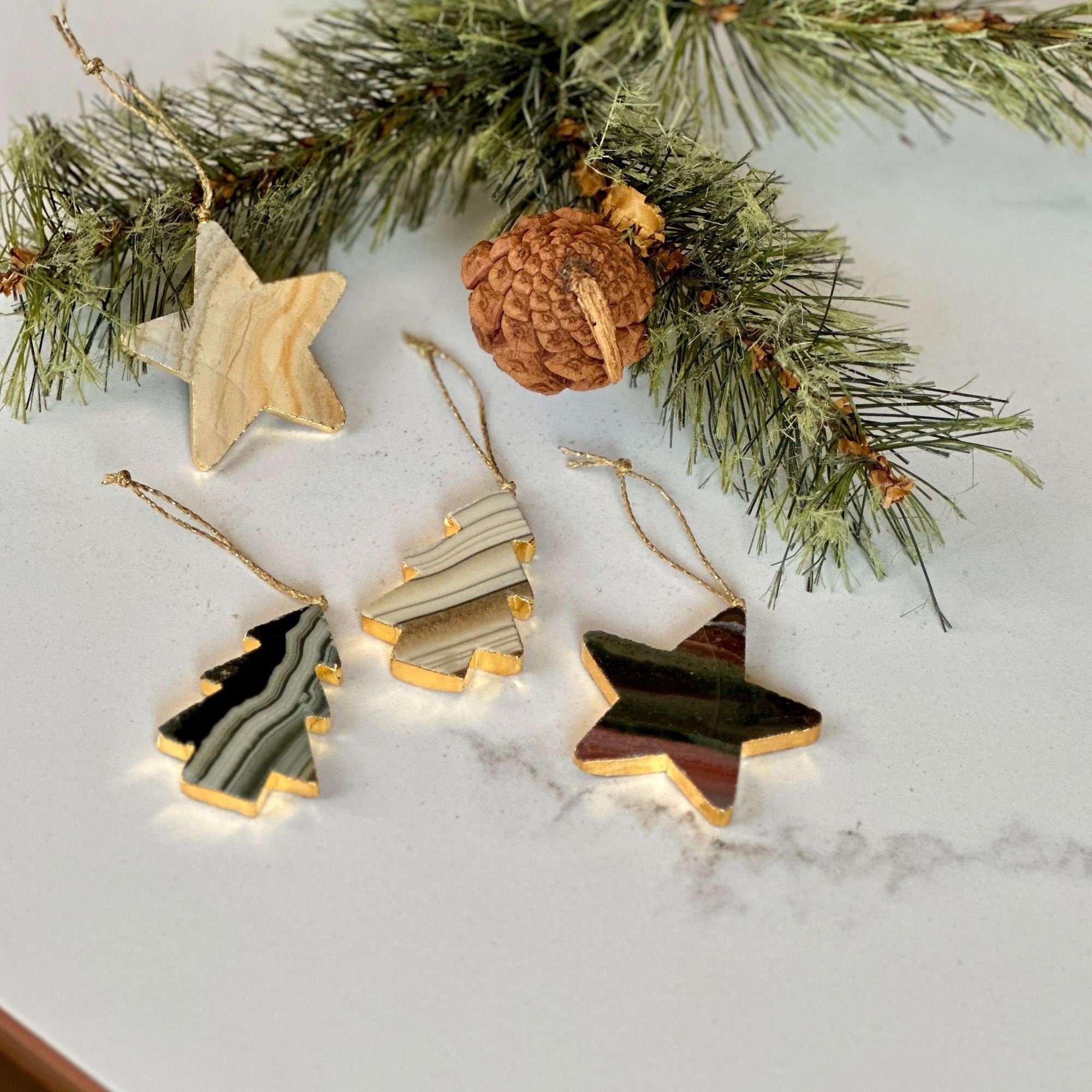 Agate & Jasper Crystal Christmas Tree Ornament (Set of 4 pieces), Handmade Christmas Star and Pine Tree Decor, Genuine Colorful Agate Stones