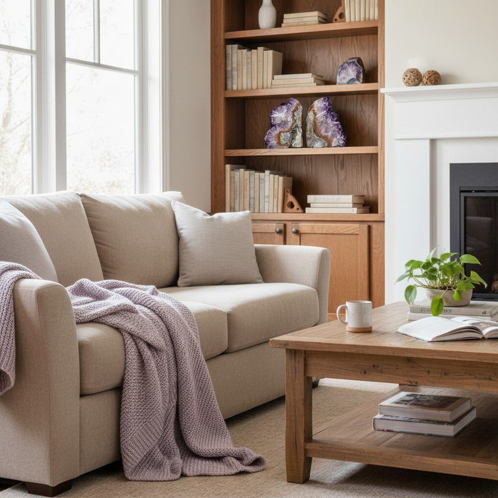livingroom with amethyst bookend set