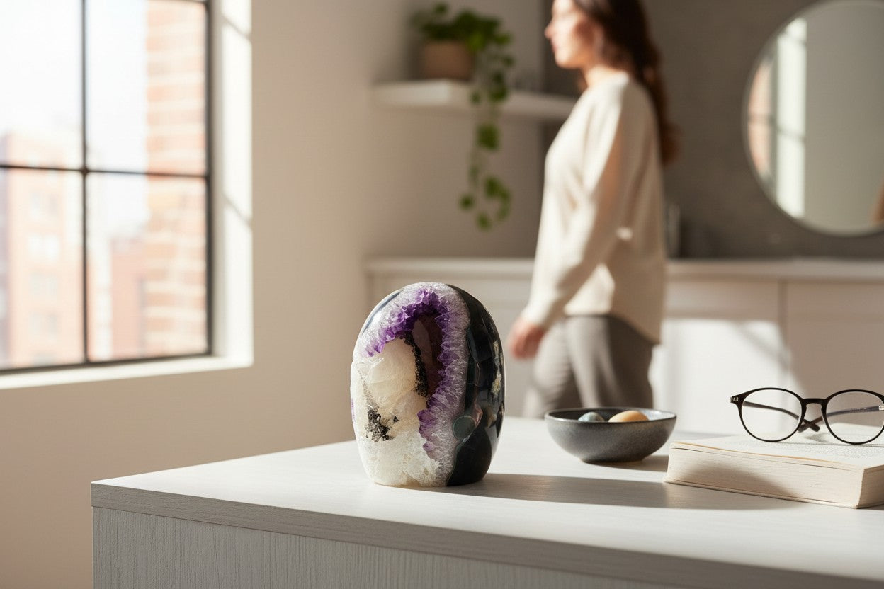 an amethyst egg over a kitchen console