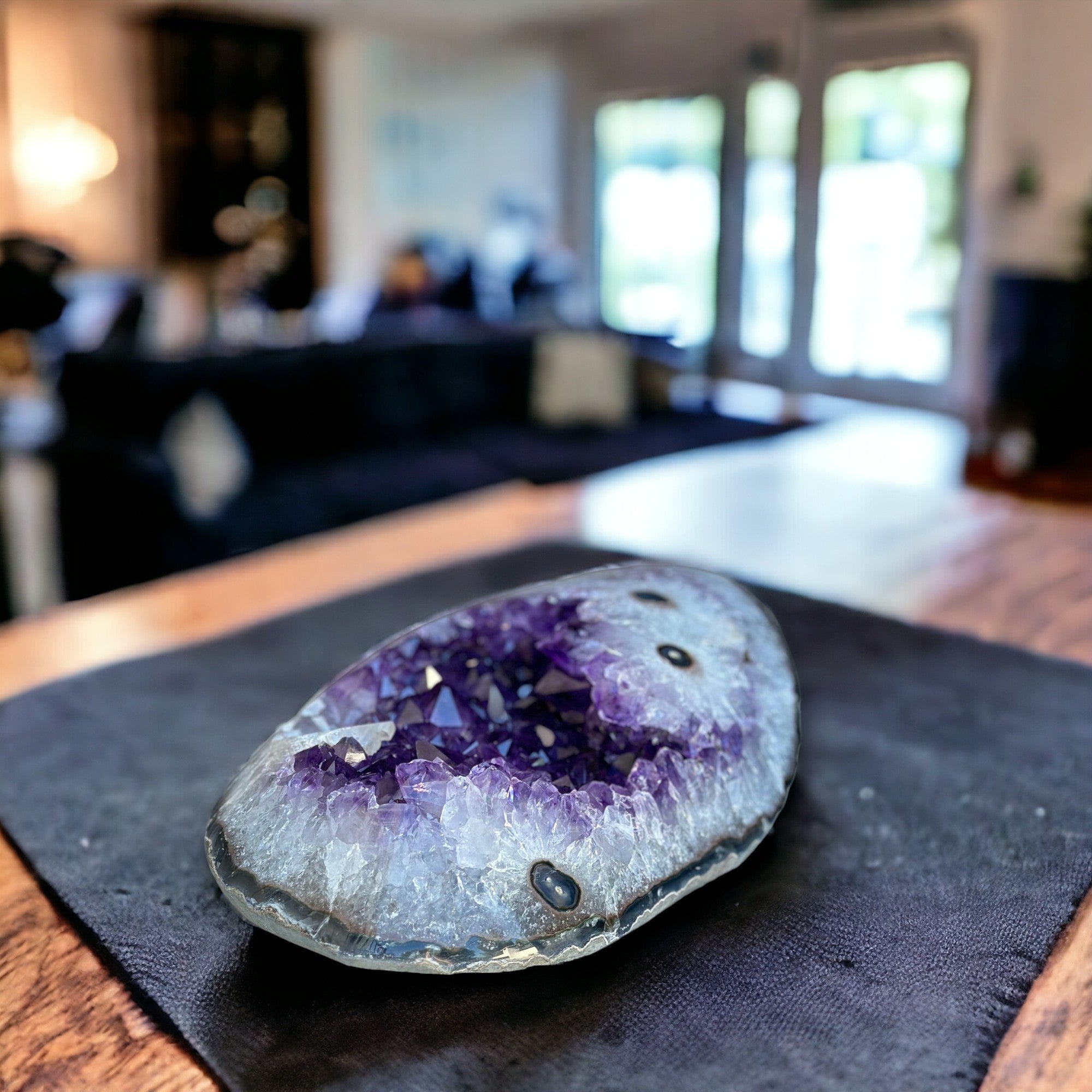 amethyst crystal centerpiece over a table