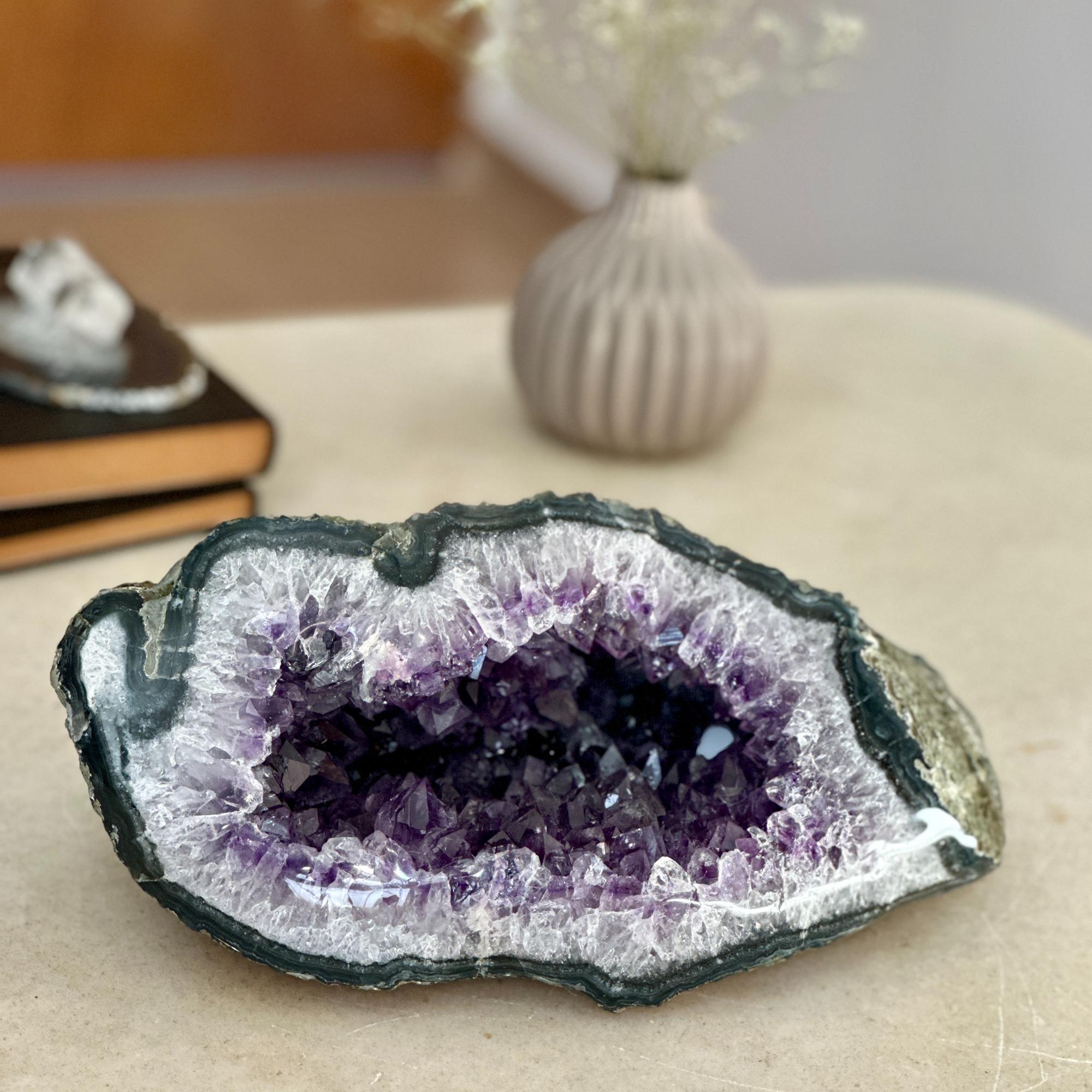 amethyst geode cave on a coffee table