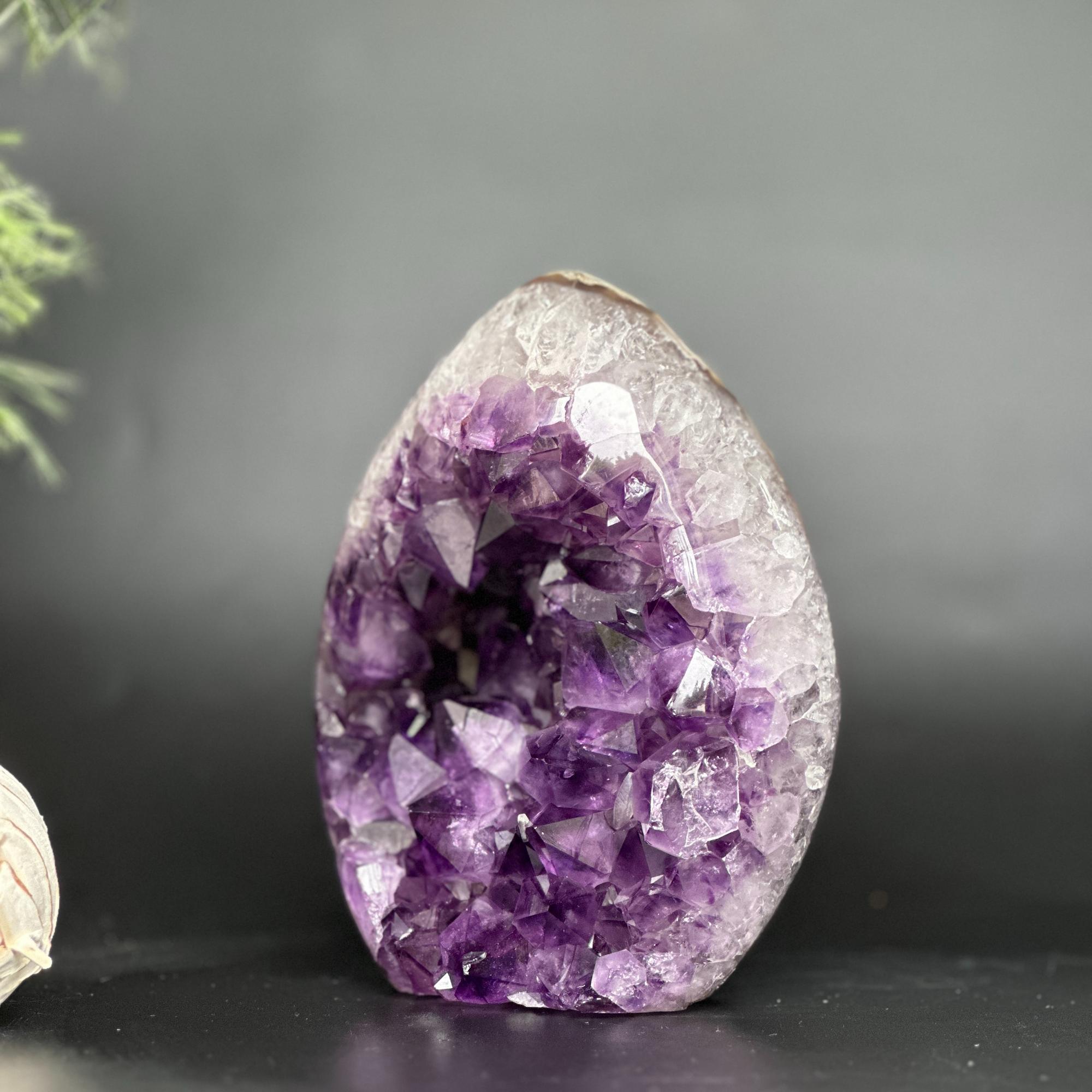 Amethyst Geode Crystal Egg with incredible Agate formations, Natural cave shaped polished agate stone