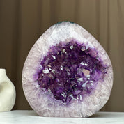 Amazing Amethyst Quartz Crystal Egg Cave, 12 in tall Extra Large Amethyst Cave, Oval Shaped Stone Polished at edges