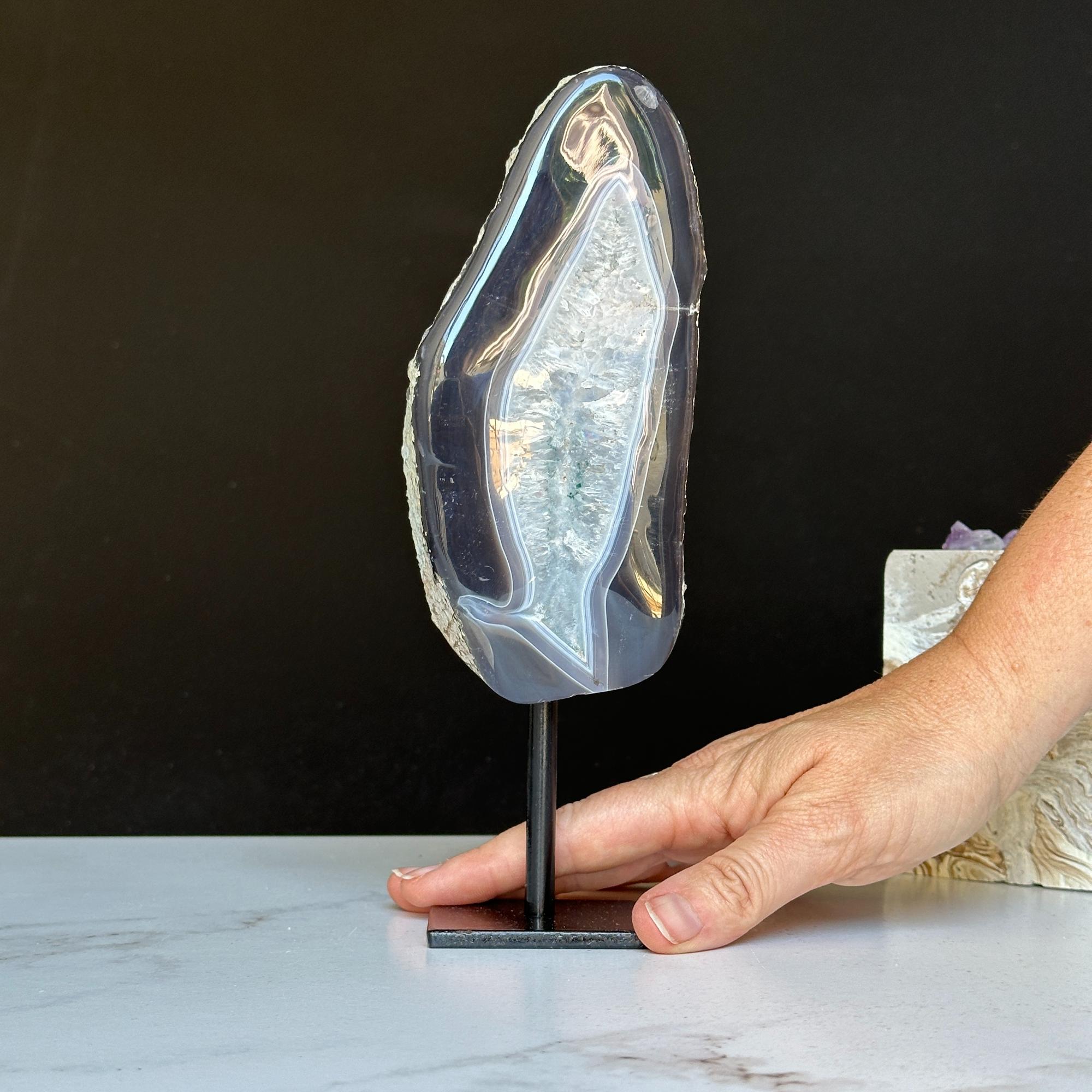 Natural Black Agate Display with Metal Base