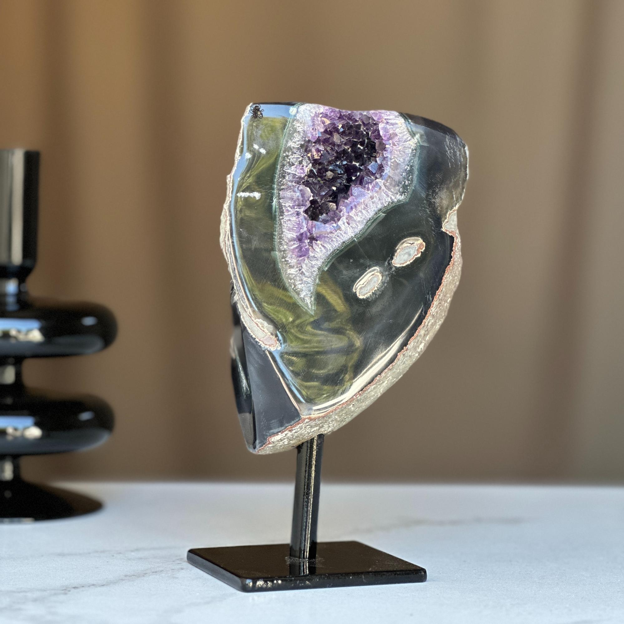 Amethyst with Black Agate formation and Metal Base, Druzy Crystal 100% natural