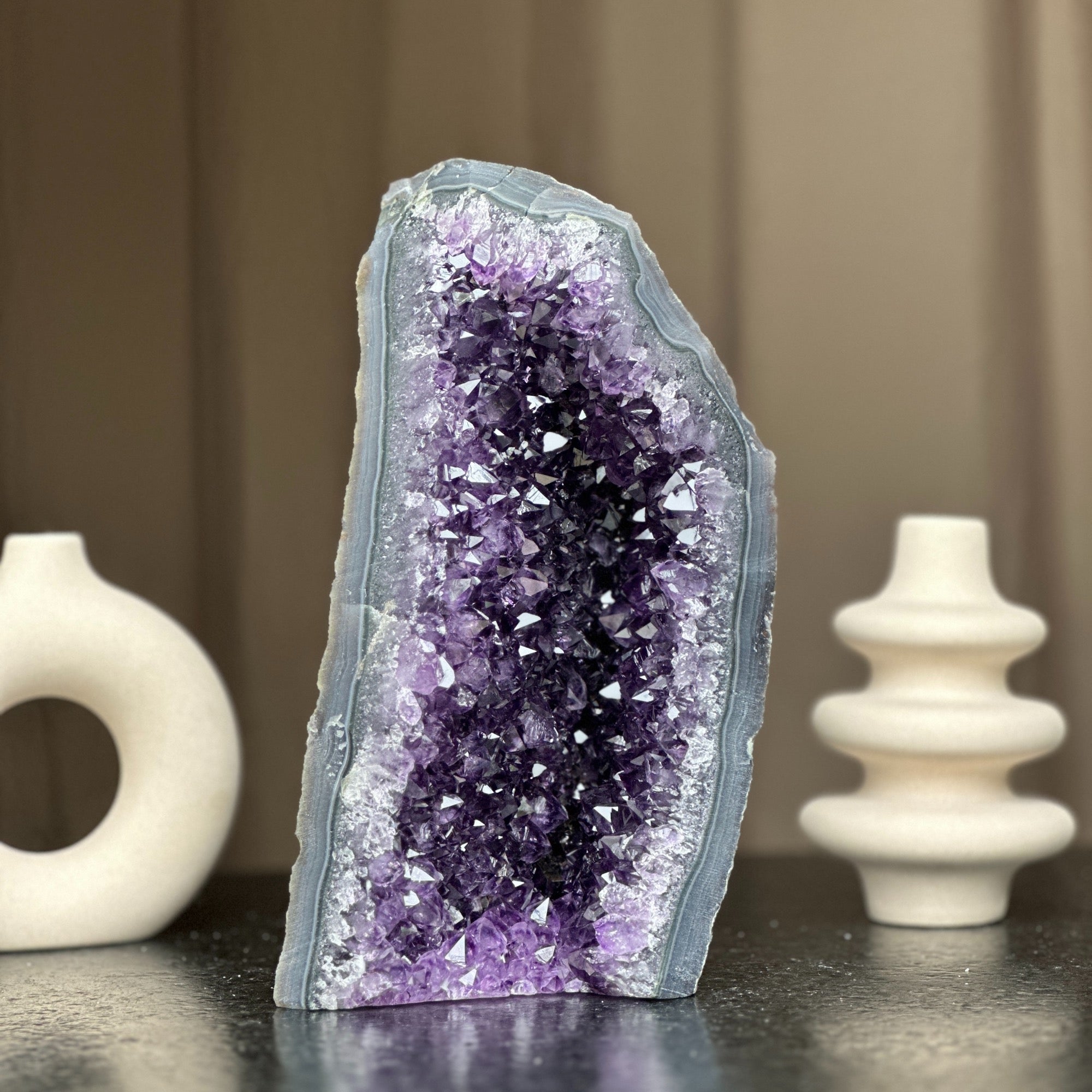 Amethyst Crystal Bowl with Agate formations, Natural Deep Purple Amethyst Flat Oval Shaped Cluster, Home Decor Crystal