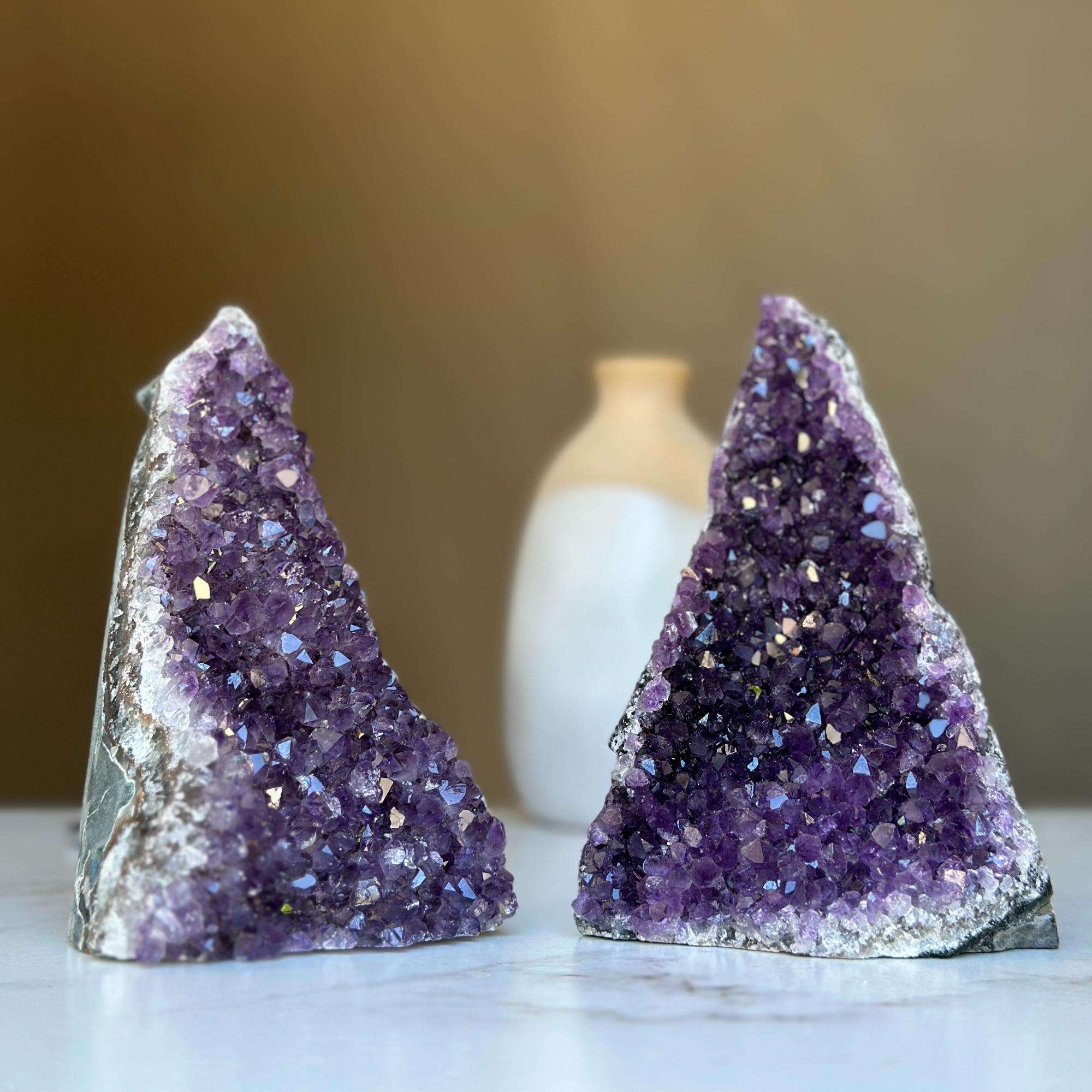 Set of 2 Amethyst geodes, Deep Purple Uruguayan Amethyst with large crystals, polished amethyst crystal stones