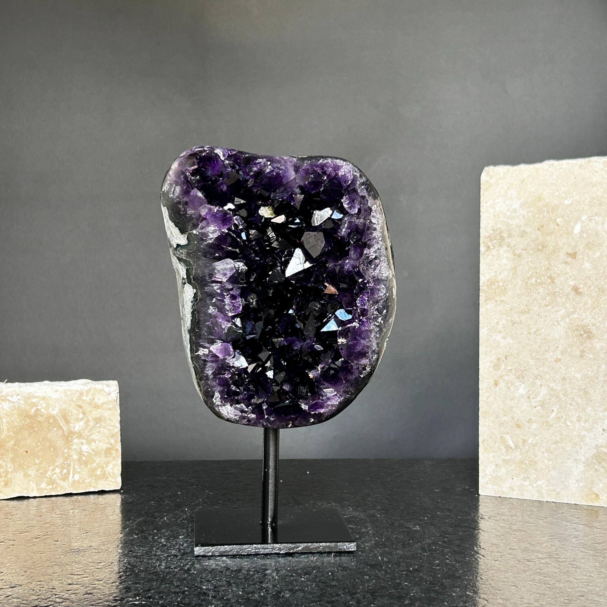 Natural Amethyst Crystal Geode, Purple Amethyst Crystal on Stand, Metallic Stand Included