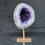 Natural Amethyst Geode, Deep Purple Crystal on Gold Metal Stand