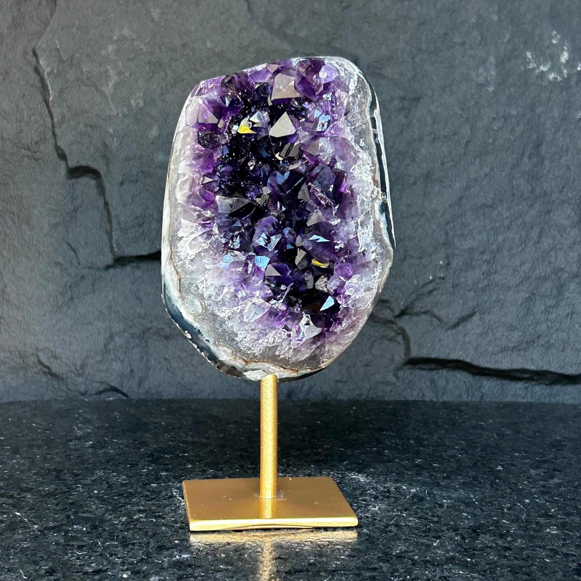Large Amethyst Geode Crystal, Deep Purple Amethyst on modern gold stand