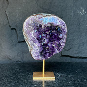 Large Amethyst Geode Crystal, Deep Purple Amethyst on modern gold stand