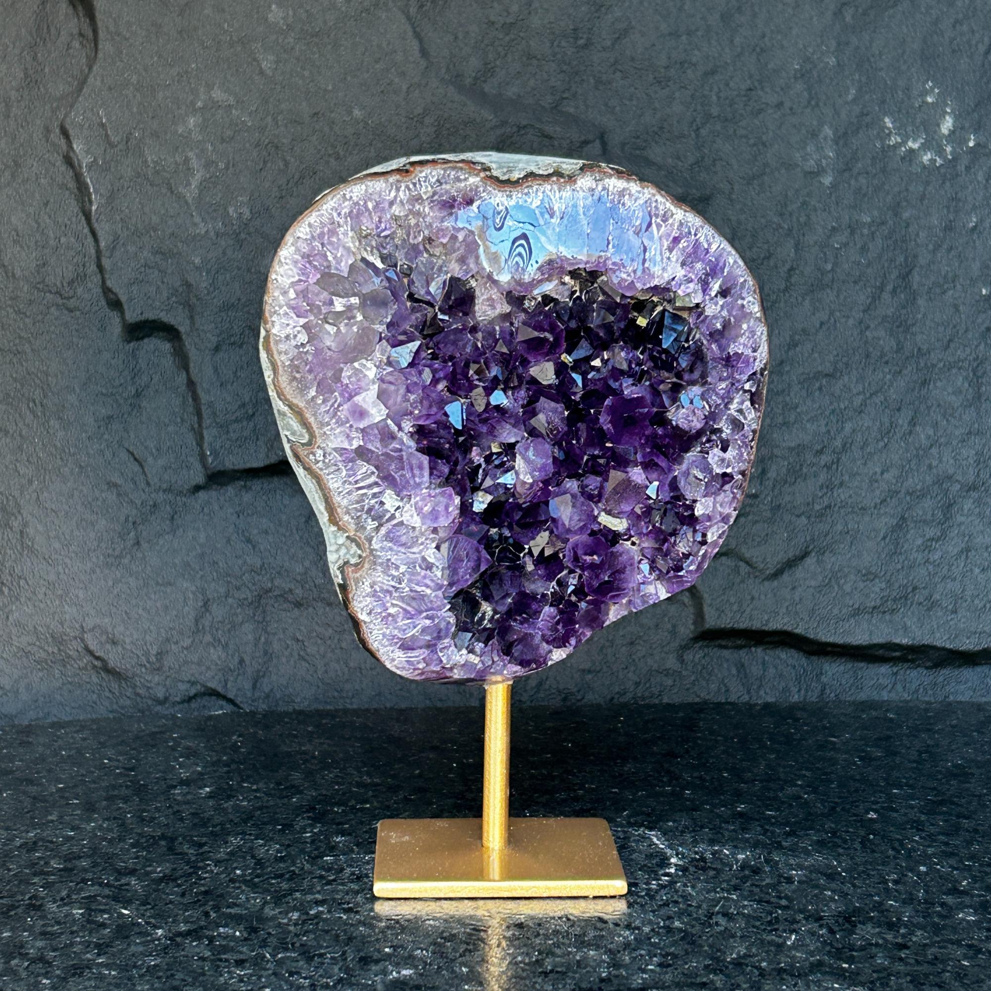 Large Amethyst Geode Crystal, Deep Purple Amethyst on modern gold stand