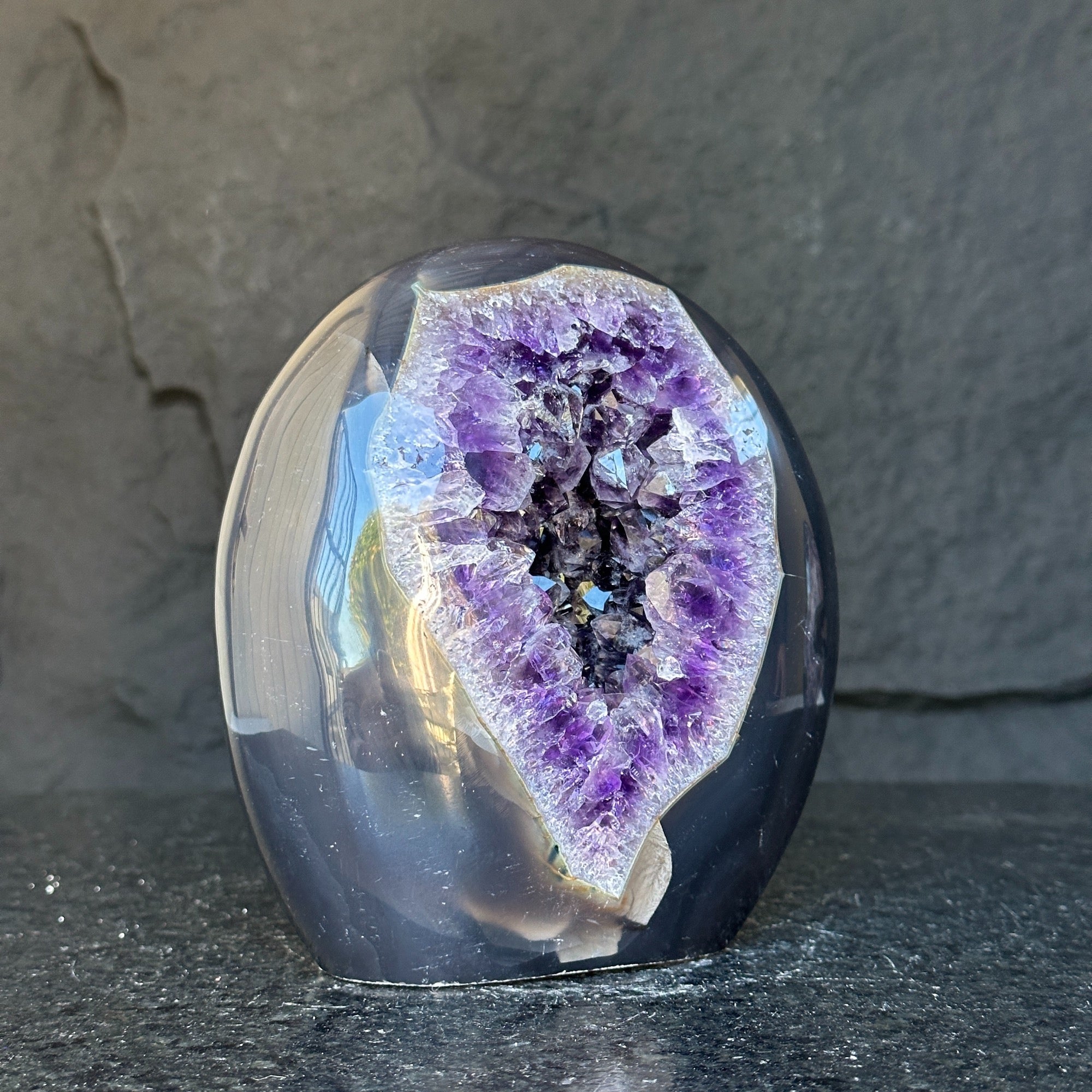 Crystal Geode, home decor with crystals, quartz and amethyst find, Amethyst with agate egg shaped