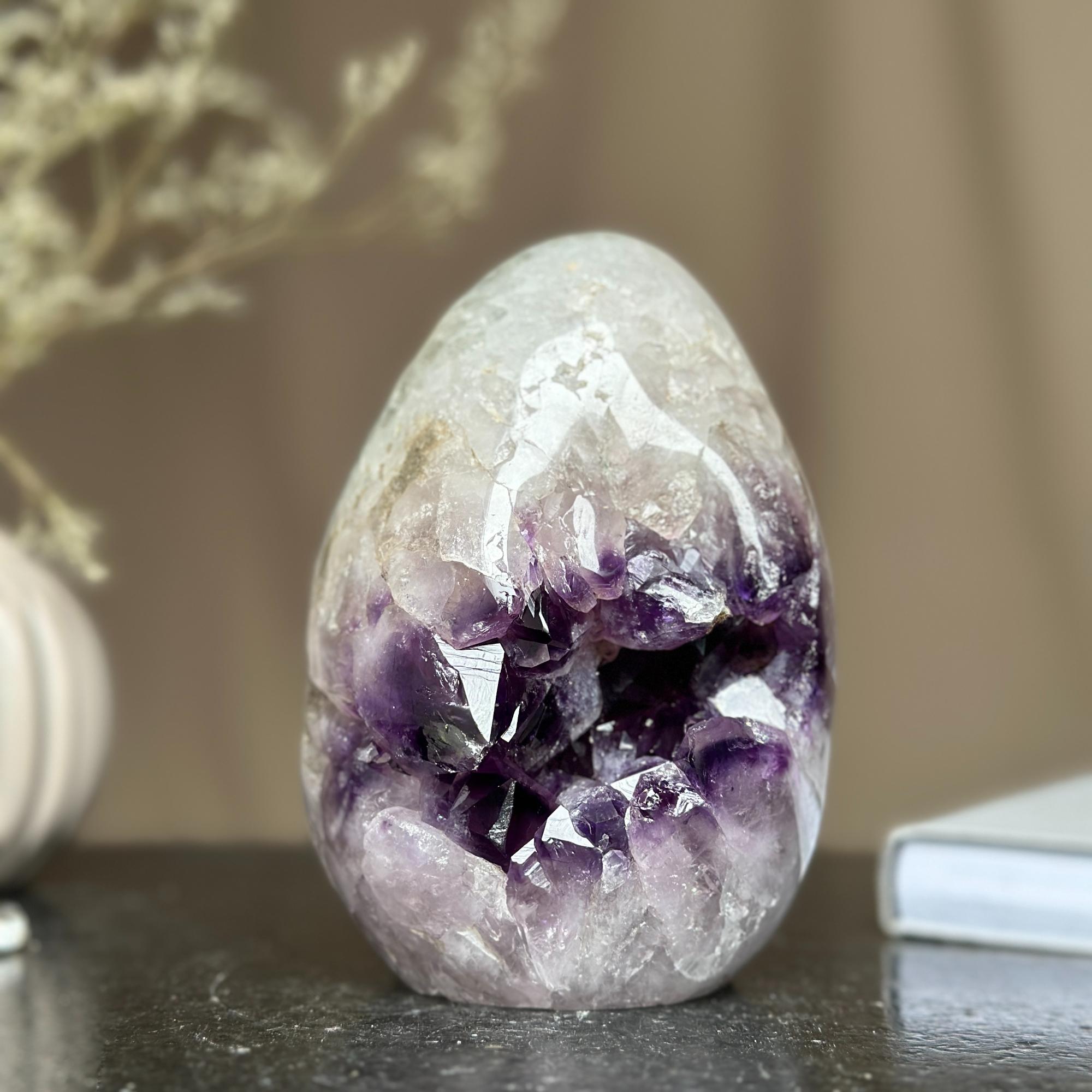 Genuine Amethyst Egg, Quartz Geode Cave, Crystal Cavern, Extra quality piece, Cut base polished specimen