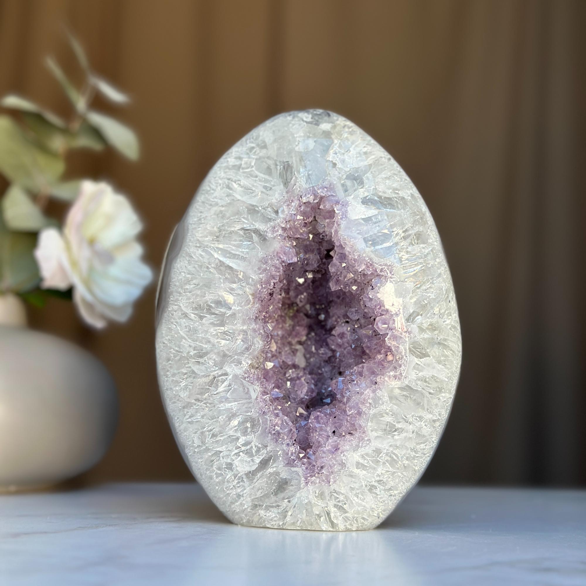 Superb Amethyst Crystal Geode with Agate formations, 6 in tall Extra Large Amethyst Cave, Oval Shaped Stone Polished at edges