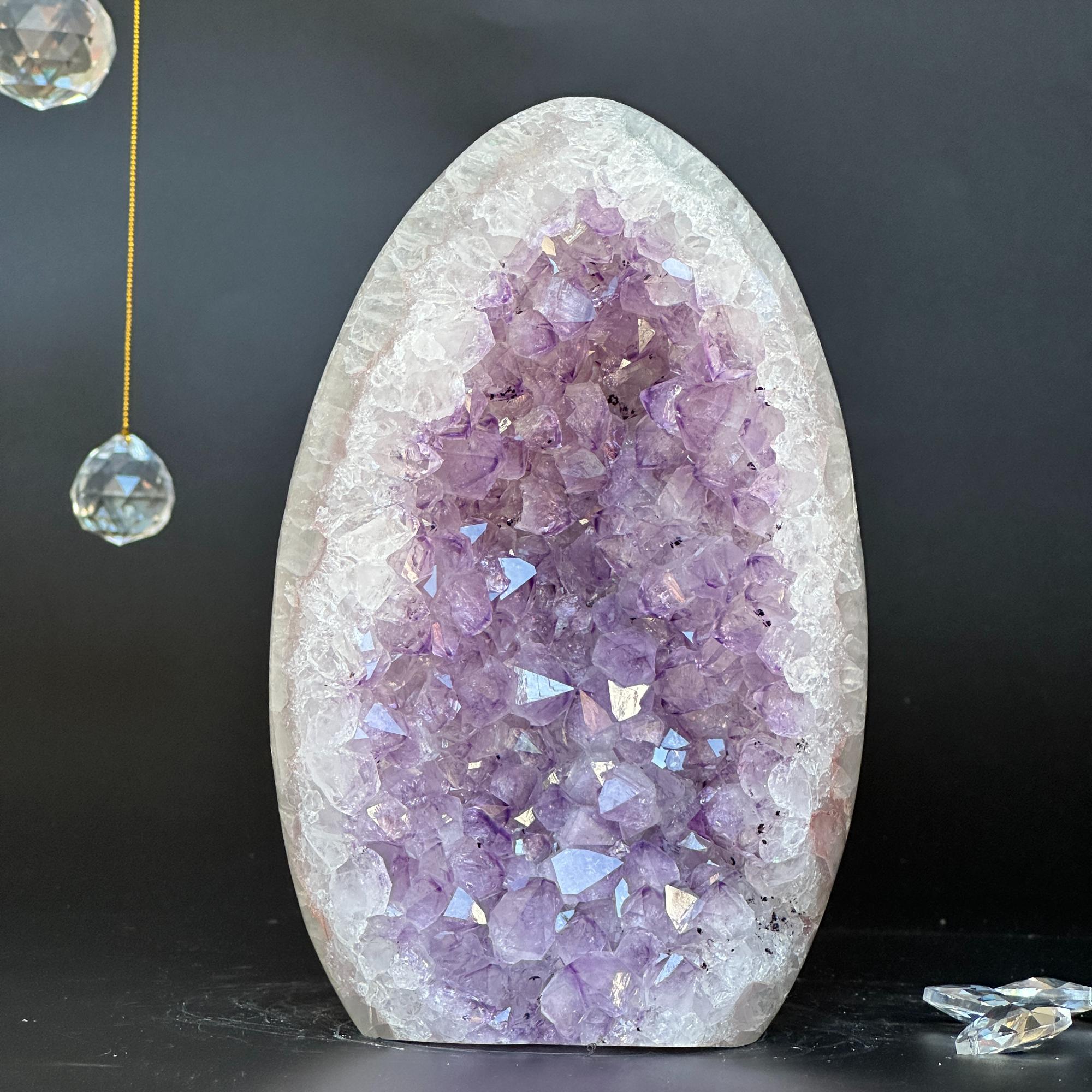 Superb Amethyst Crystal Geode with Agate formations, 7 in tall Extra Large Amethyst Cave, Oval Shaped Stone Polished at edges