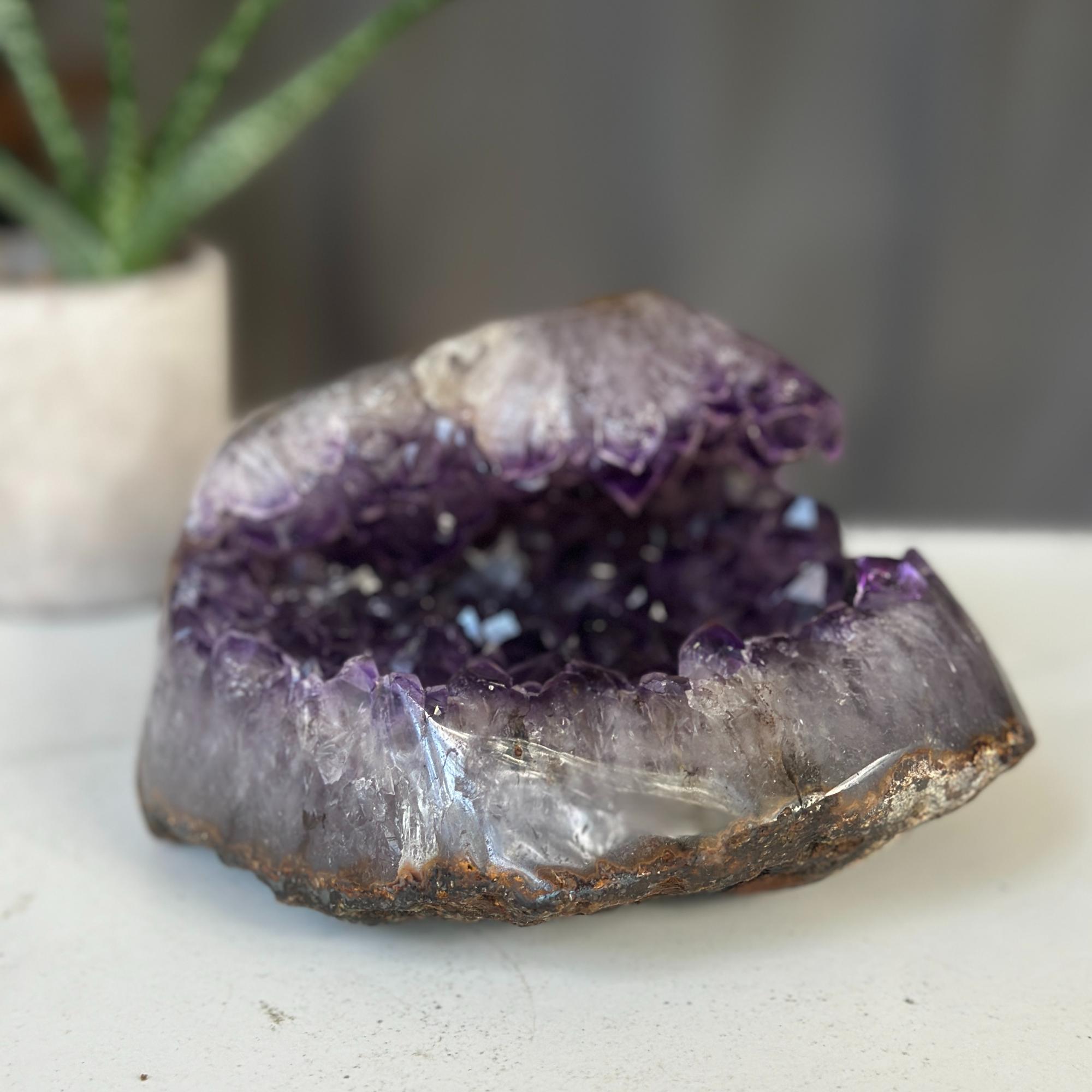 Amethyst Crystal Bowl with Agate formations, Natural Deep Purple Amethyst Flat Oval Shaped Cluster, Home Decor Crystal