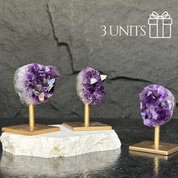 Amethyst on Stand SET, 4 in Crystals with metallic base, Unique home decoration, mineral formations, perfect gift for crystal lovers