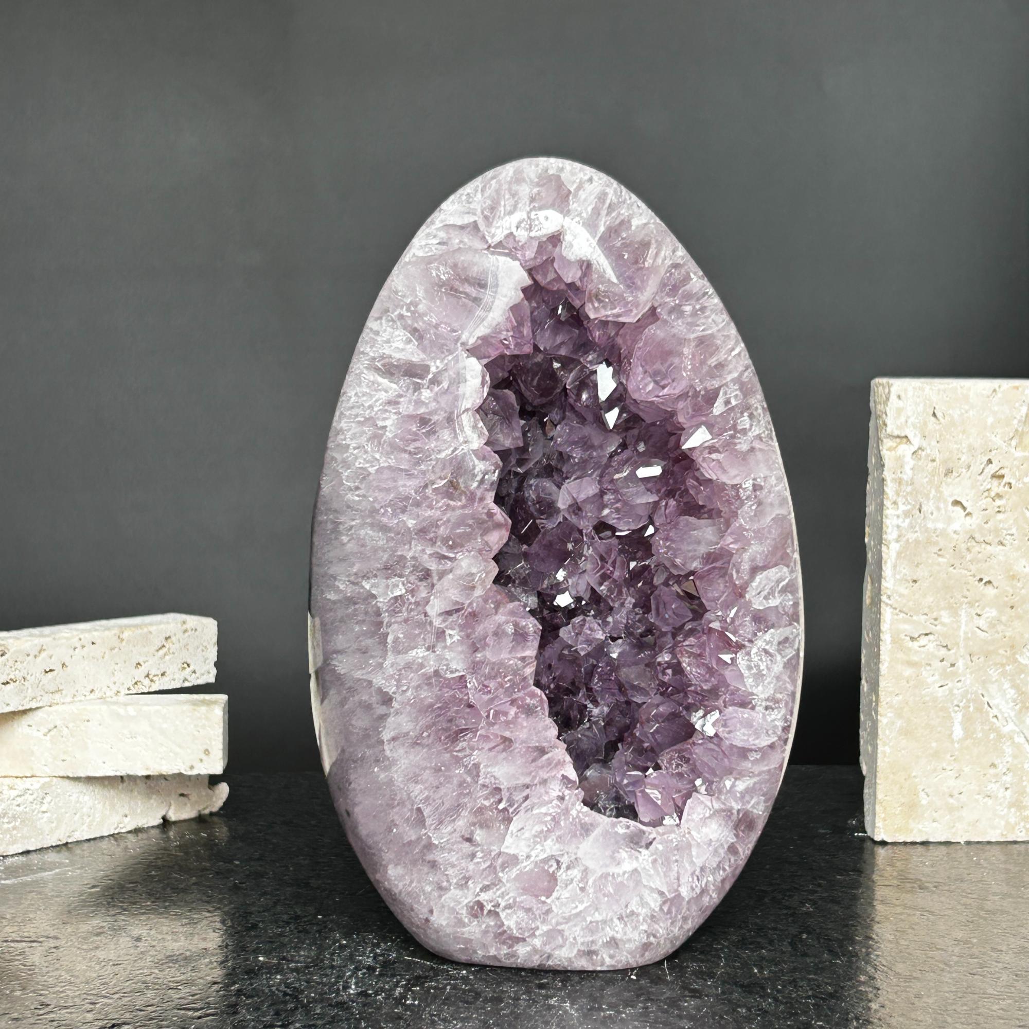 Amazing Agate and Amethyst Quartz Crystal Egg Cave, 8 in tall Extra Large Crystal Cave, Oval Shaped Stone Polished at edges