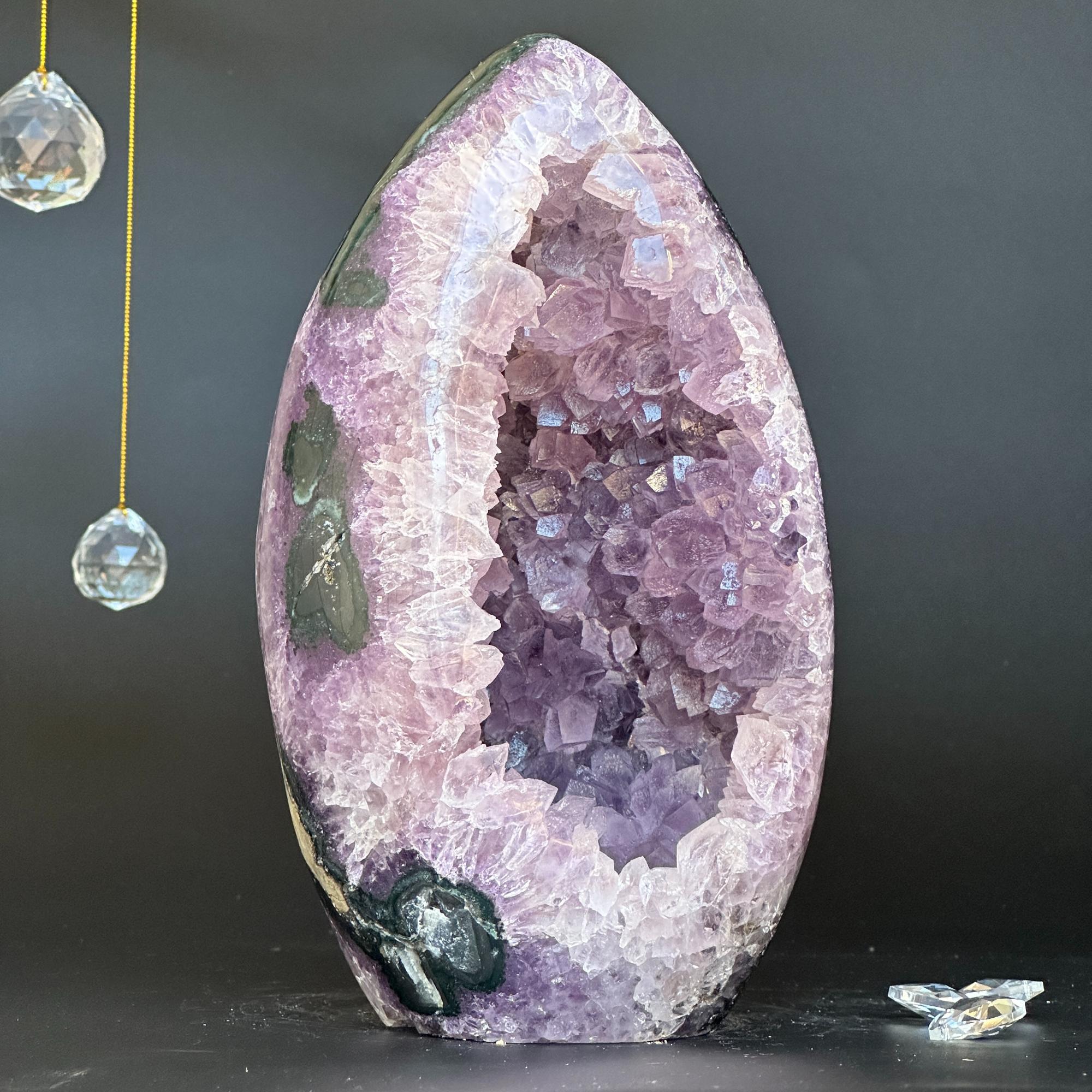 Huge Amethyst Geode, 8 in Statement piece for collectors, Large Cave Egg shaped, polished stone, Stunning decor AAA Crystal for large spaces