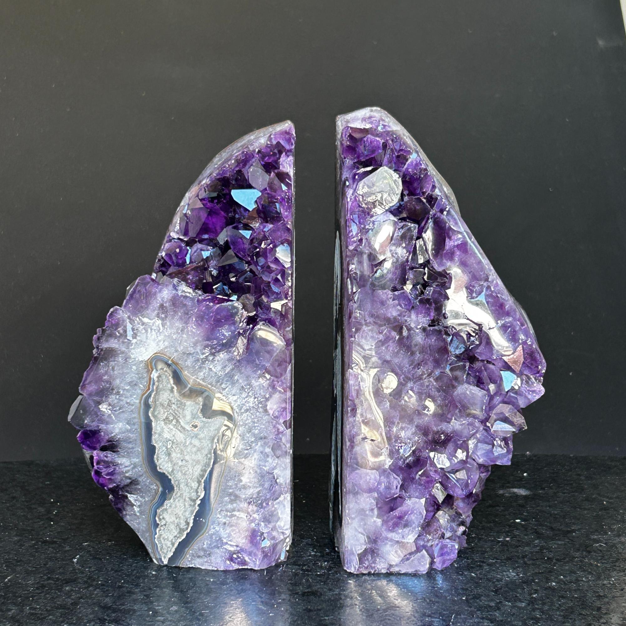 Amethyst bookends, One of a kind set of amethyst and agate geode crystals