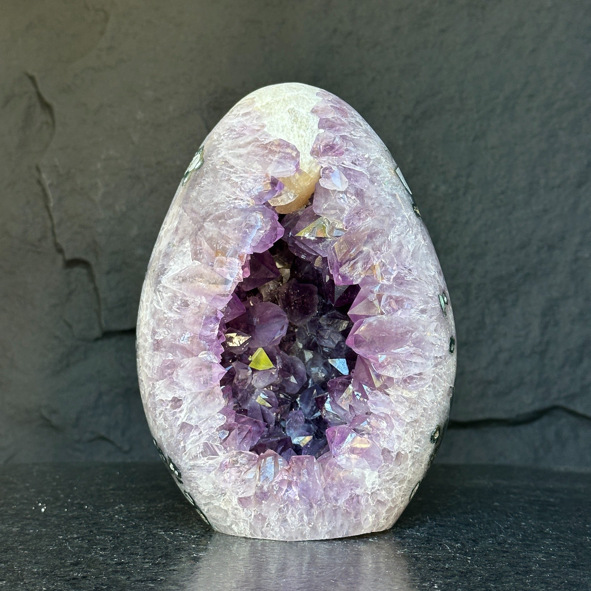 Amethyst Geode Crystal Egg with incredible Agate formations, Natural cave shaped polished agate stone