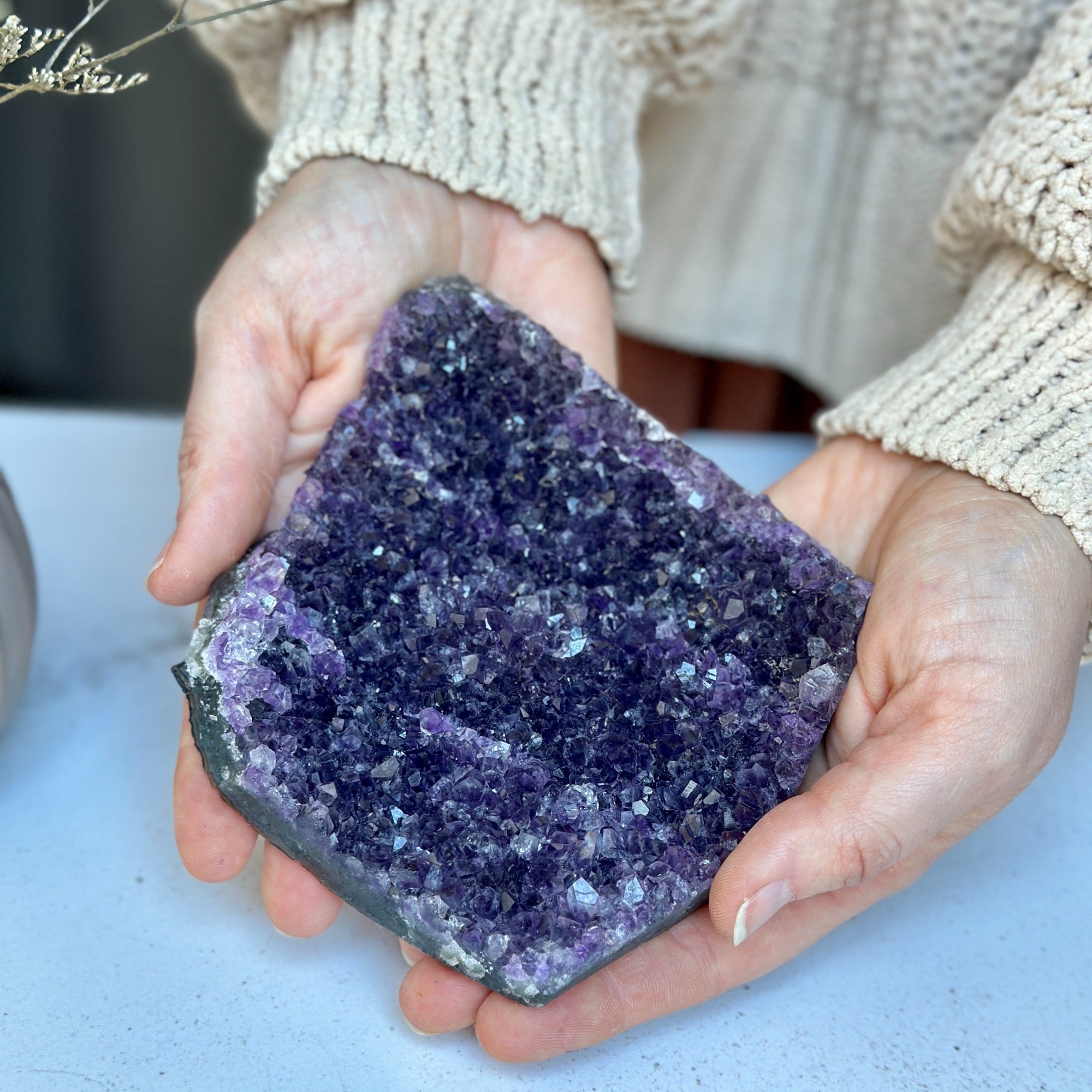 Flat amethyst raw purple crystal cluster