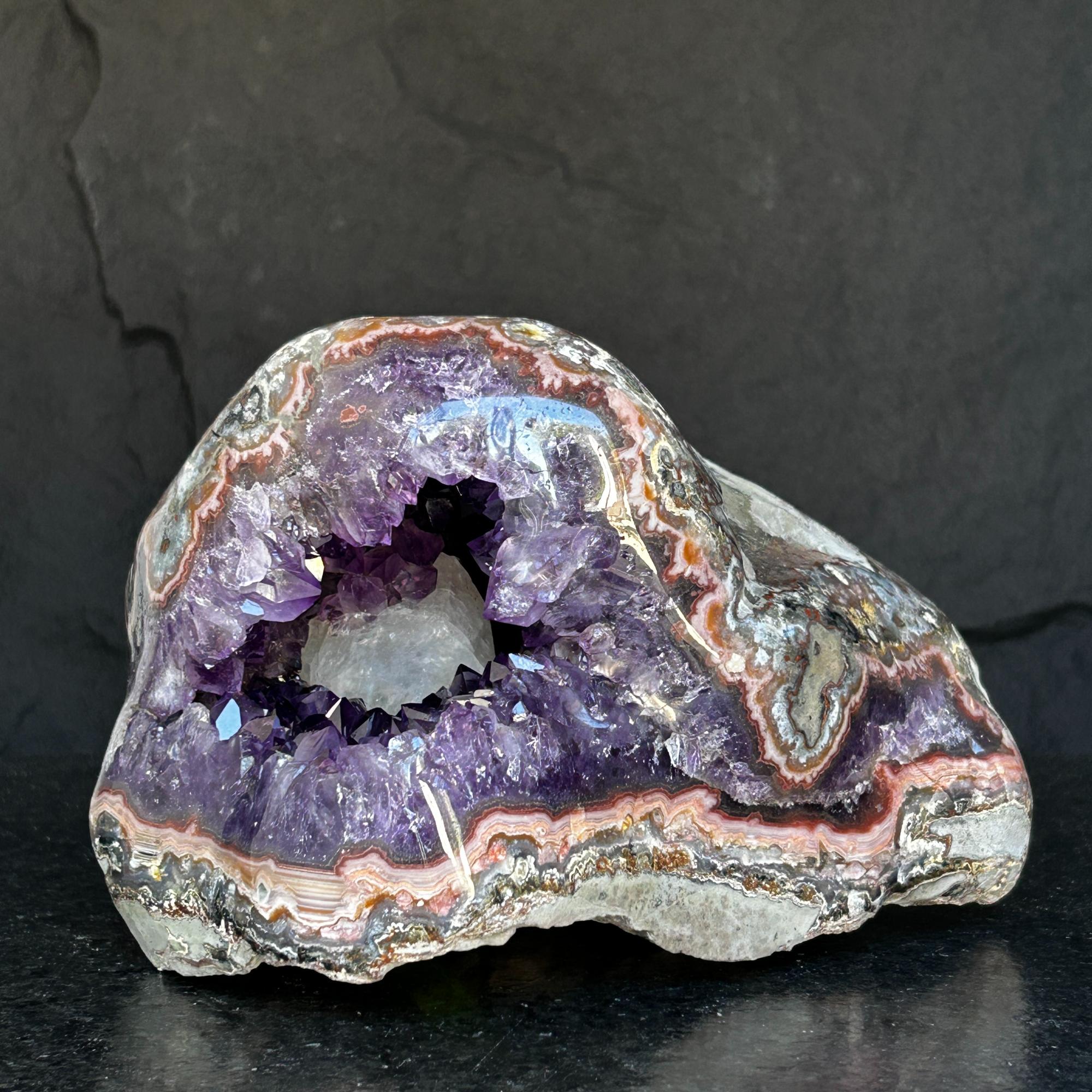 The largest Amethyst Geode Centerpiece, Extra Large decor piece, Outstanding Purple crystal with pink agate details and calcite