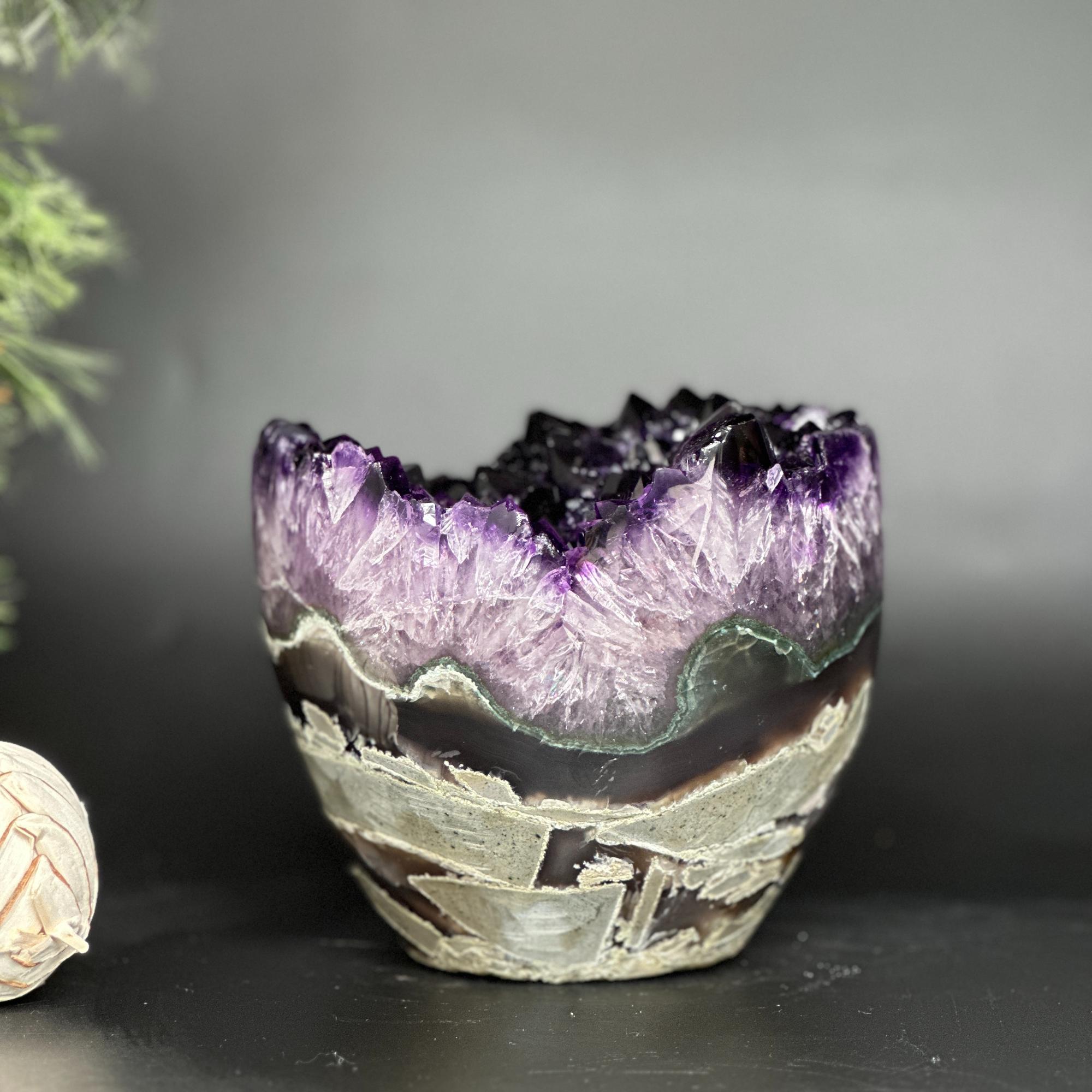 Large Amethyst and Agate Crystal Cylinder – Stunning Polished Quartz Decor Piece, Natural Purple Stone
