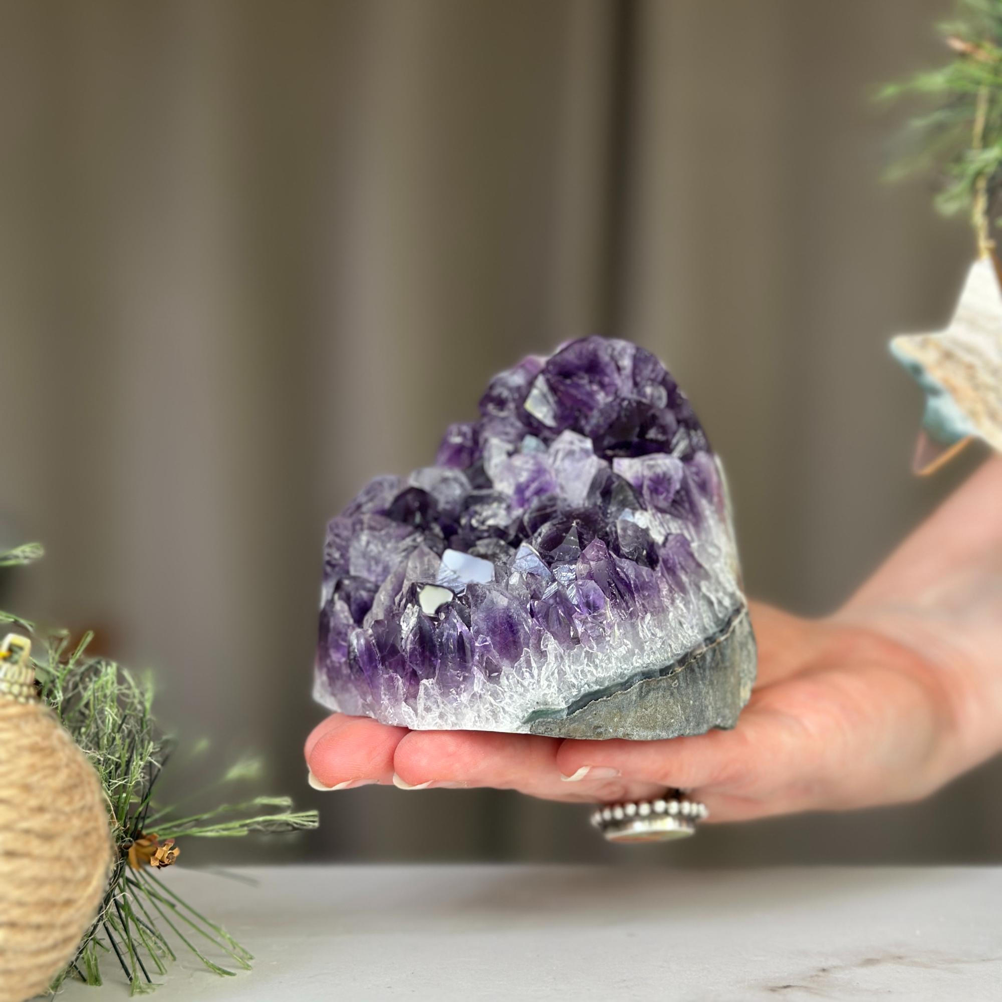 Amethyst stone agate edges, crystal geode from Uruguay, cut base self standing stone