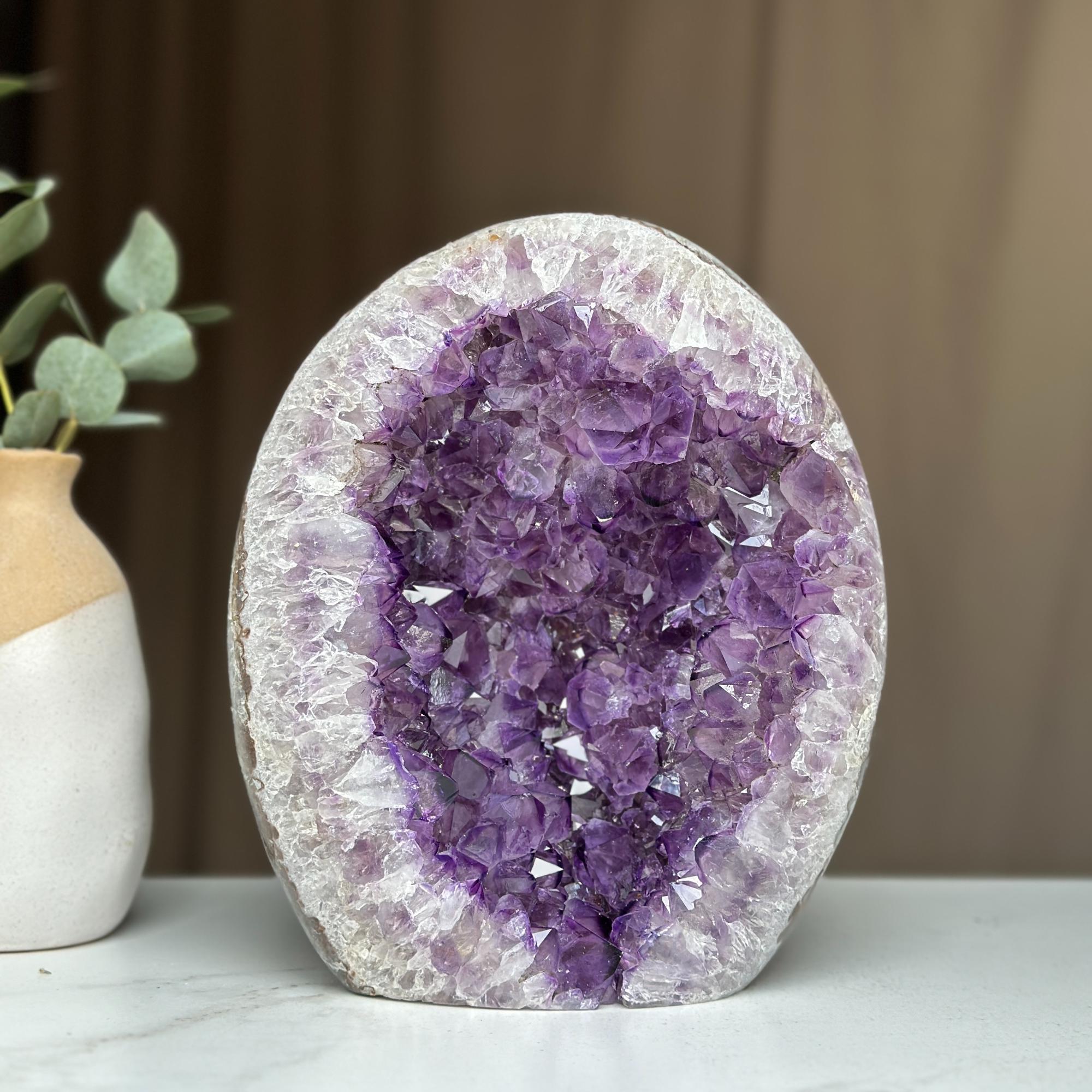 Amethyst Geode Crystal Egg with incredible Agate formations, Natural cave shaped polished agate stone