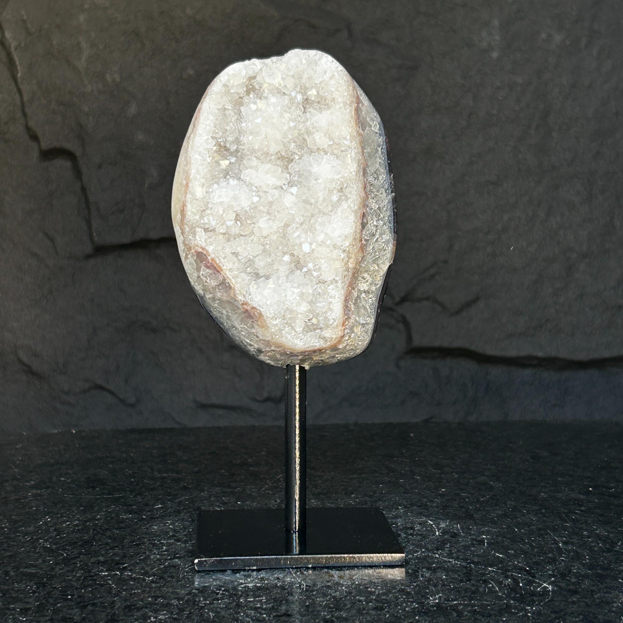 White quartz on stand, Geode with metallic base included for home decoration