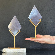 Agate Ornament Slice on Stand , 2 Pieces SET, 8 in Tall Crystal with metallic base, Unique home decoration, rare finds mineral formations