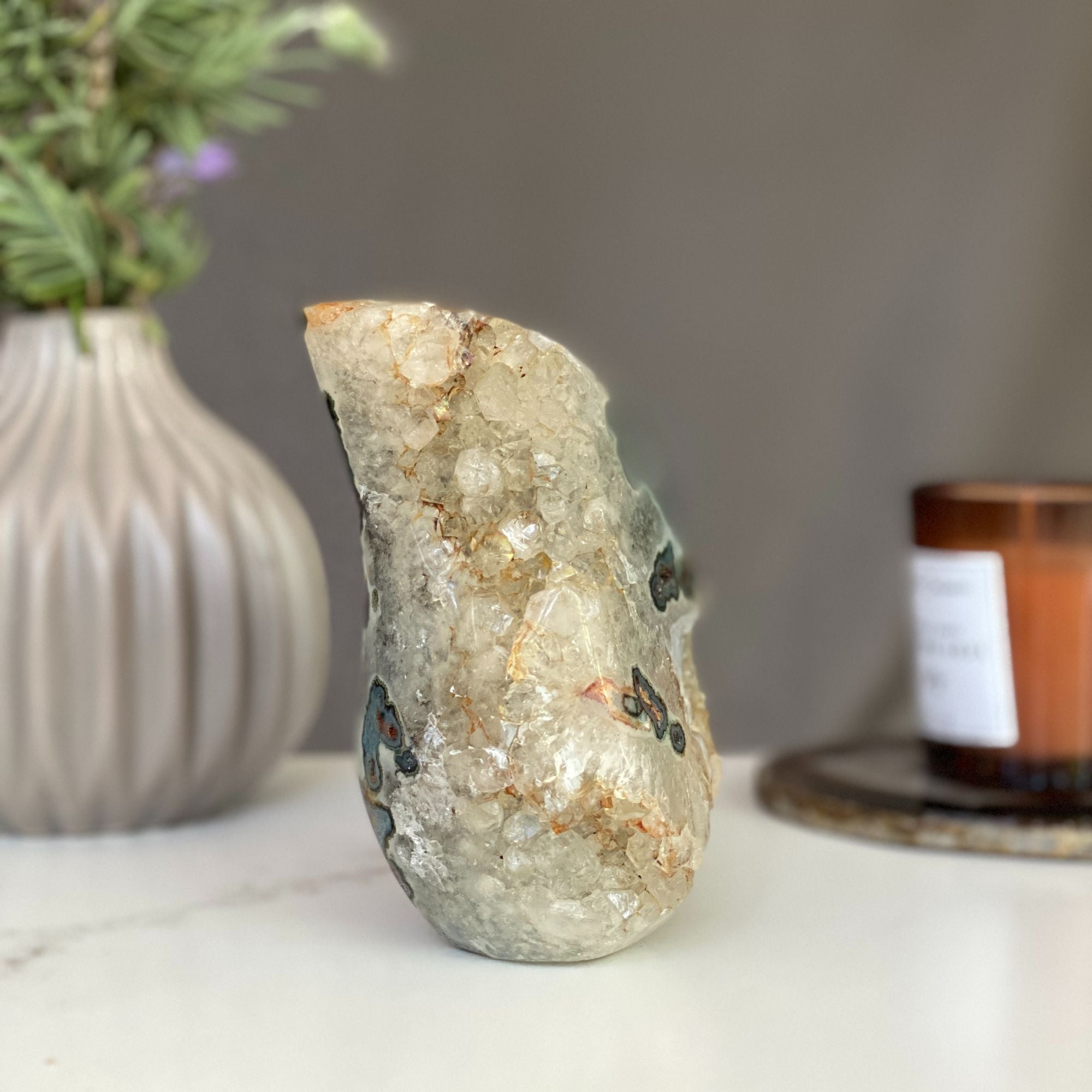 Polished agate flame decor, 5-inch natural crystal with green and red formations.
