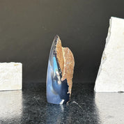 Polished blue agate and quartz flame crystal, 5-inch tall, with rough brown jasper formations.