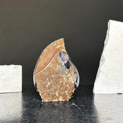 Polished brown agate flame with quartz formations, 5-inch tall crystal decor.