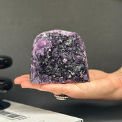 Hand holding a huge, sparkling purple Amethyst Cave Geode with dark crystal clusters.