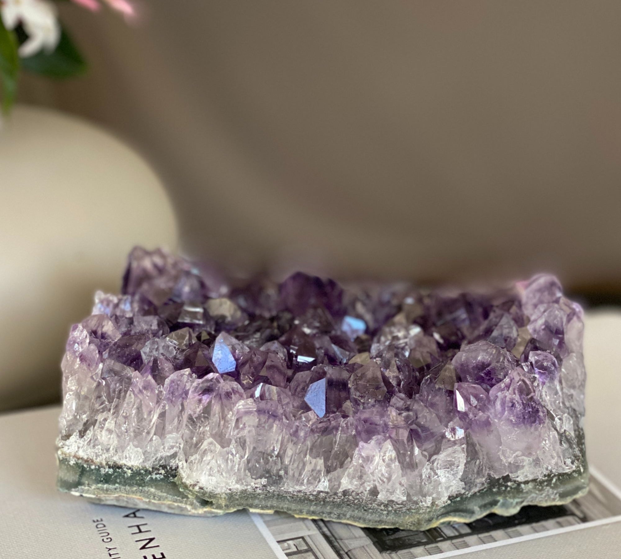 Vibrant purple amethyst and clear agate cluster, 3x4.5 inch, for home decor.
