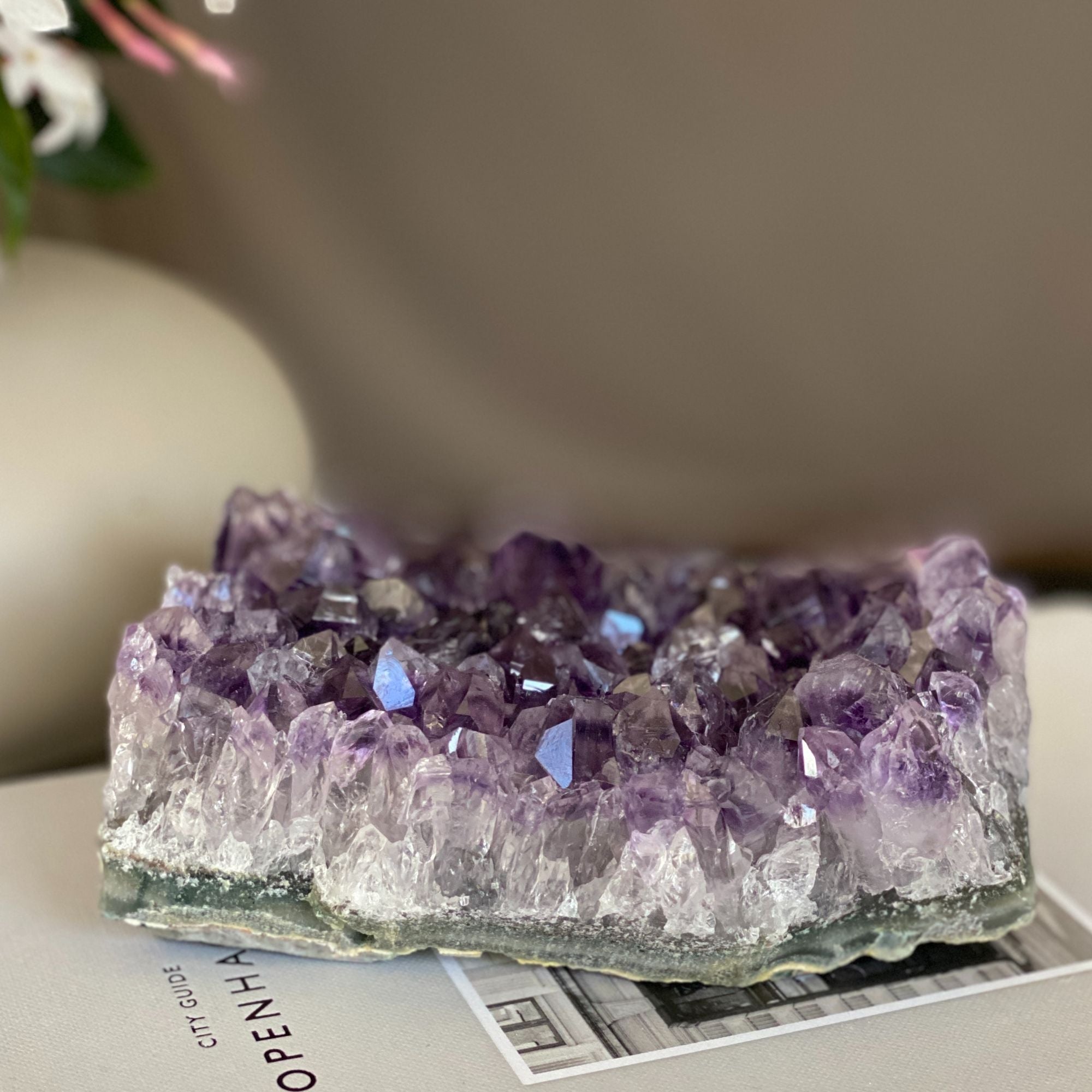 Vibrant purple amethyst and clear agate cluster, 3x4.5 inch, for home decor.