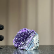Self-standing deep purple amethyst geode crystal, 3.5x3.5 inches, with sparkling druzy and natural gray banding.