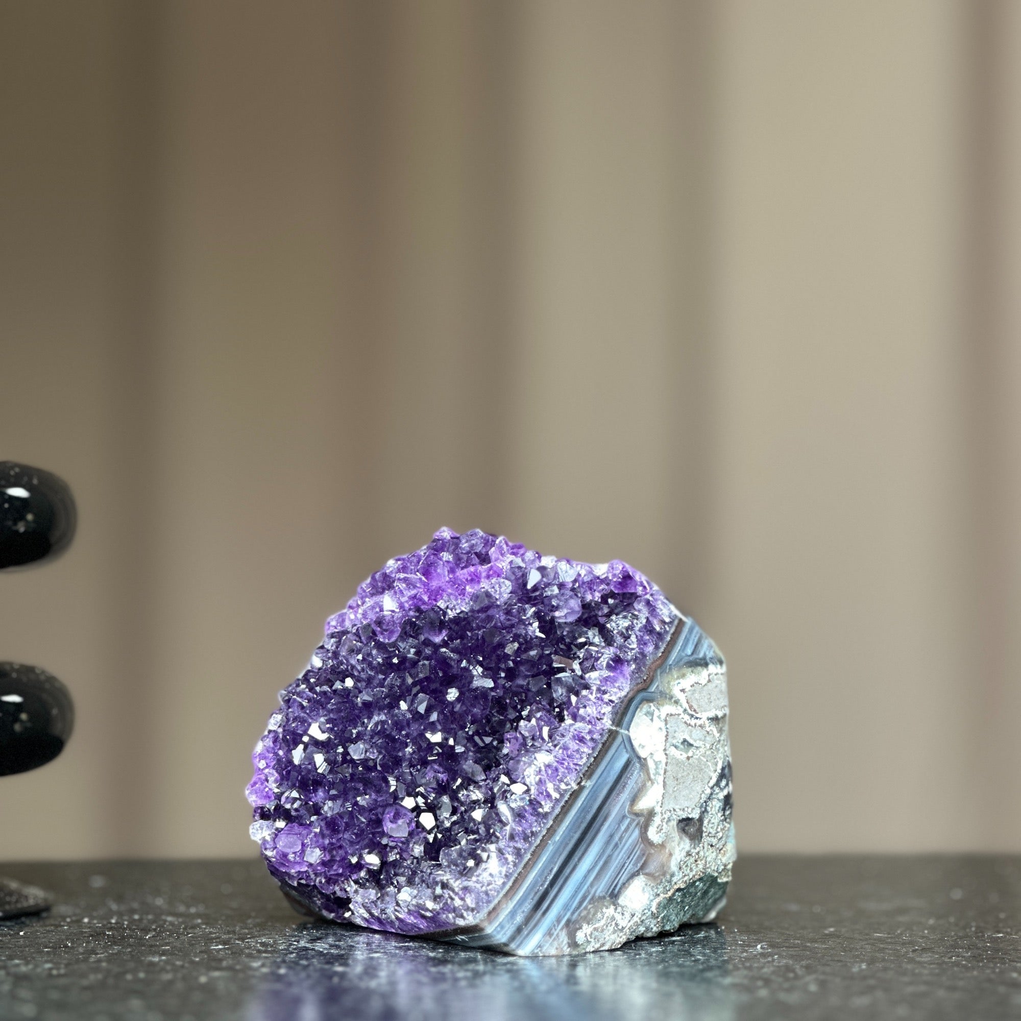 Self-standing deep purple amethyst geode crystal, 3.5x3.5 inches, with sparkling druzy and natural gray banding.