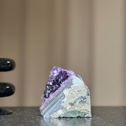 Deep purple amethyst geode crystal, self-standing, with white and gray banding, 3.5x3.5 inches.