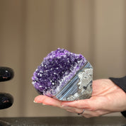 Hand holding a vibrant deep purple self-standing amethyst geode crystal, February birthstone.