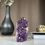 Vibrant purple amethyst cathedral geode, self-standing crystal cluster, 4-inch tall, 1.4 lb.