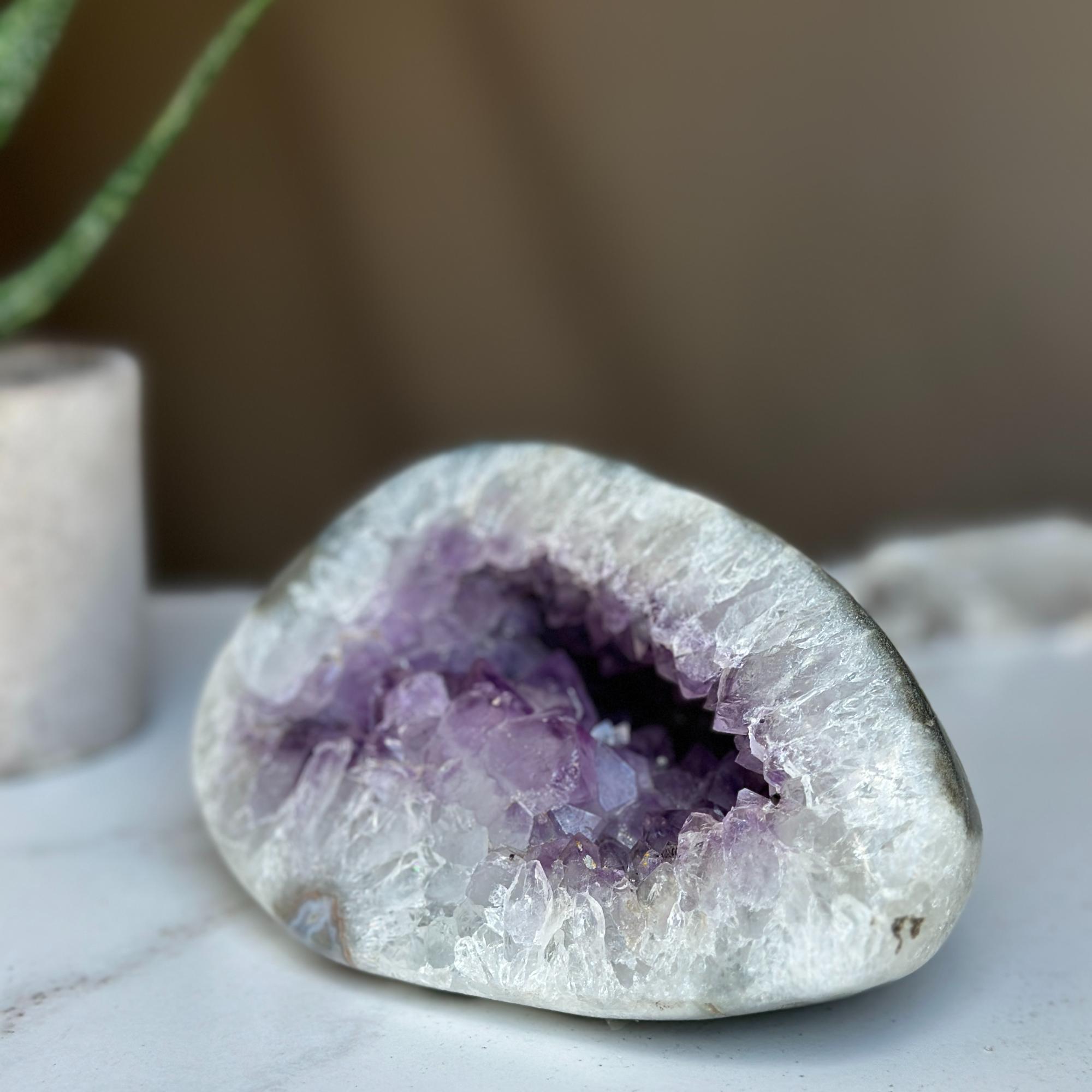 Polished amethyst geode cave with deep purple crystals and white agate edges.