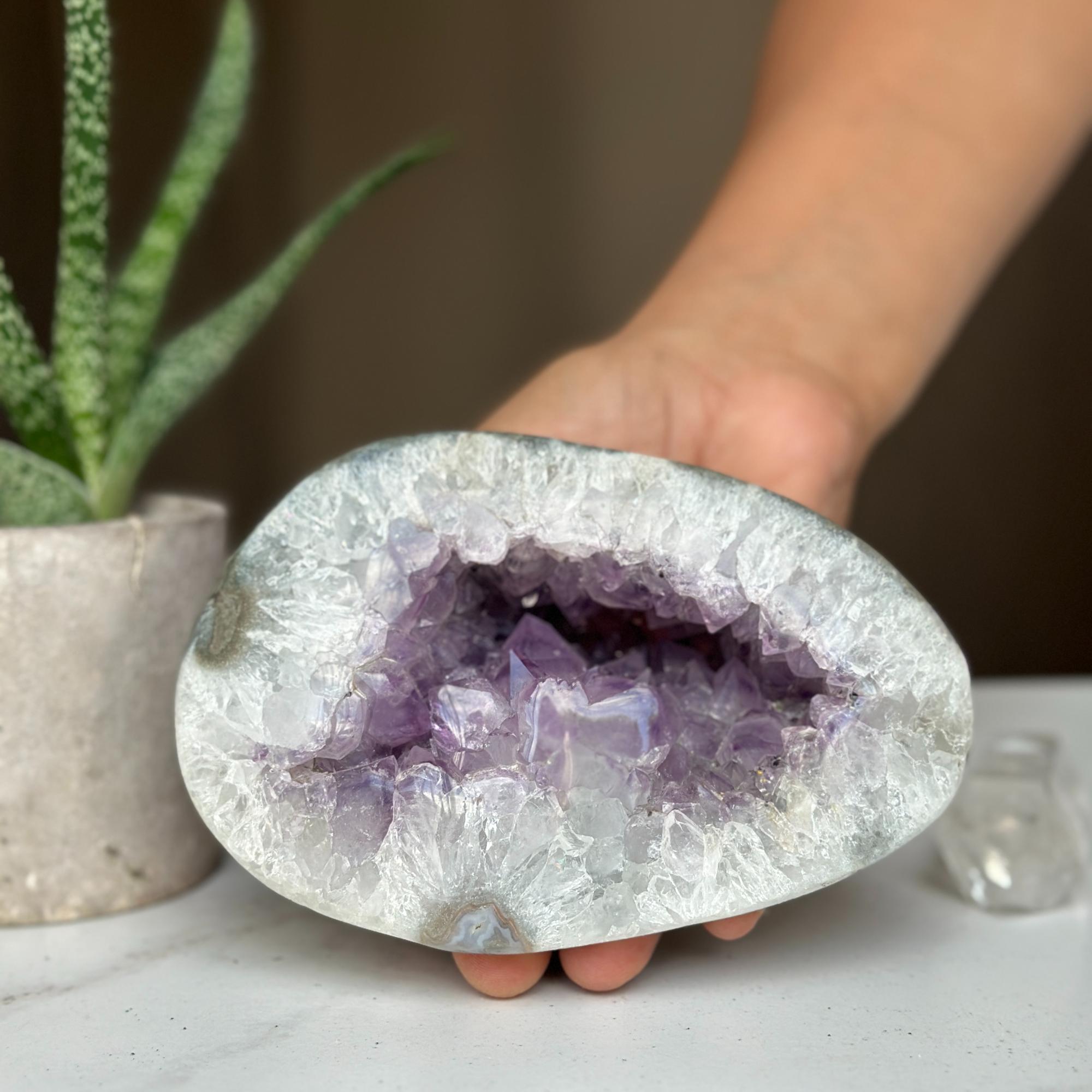 Hand holding a polished amethyst geode cave with deep purple crystals and white agate edges.