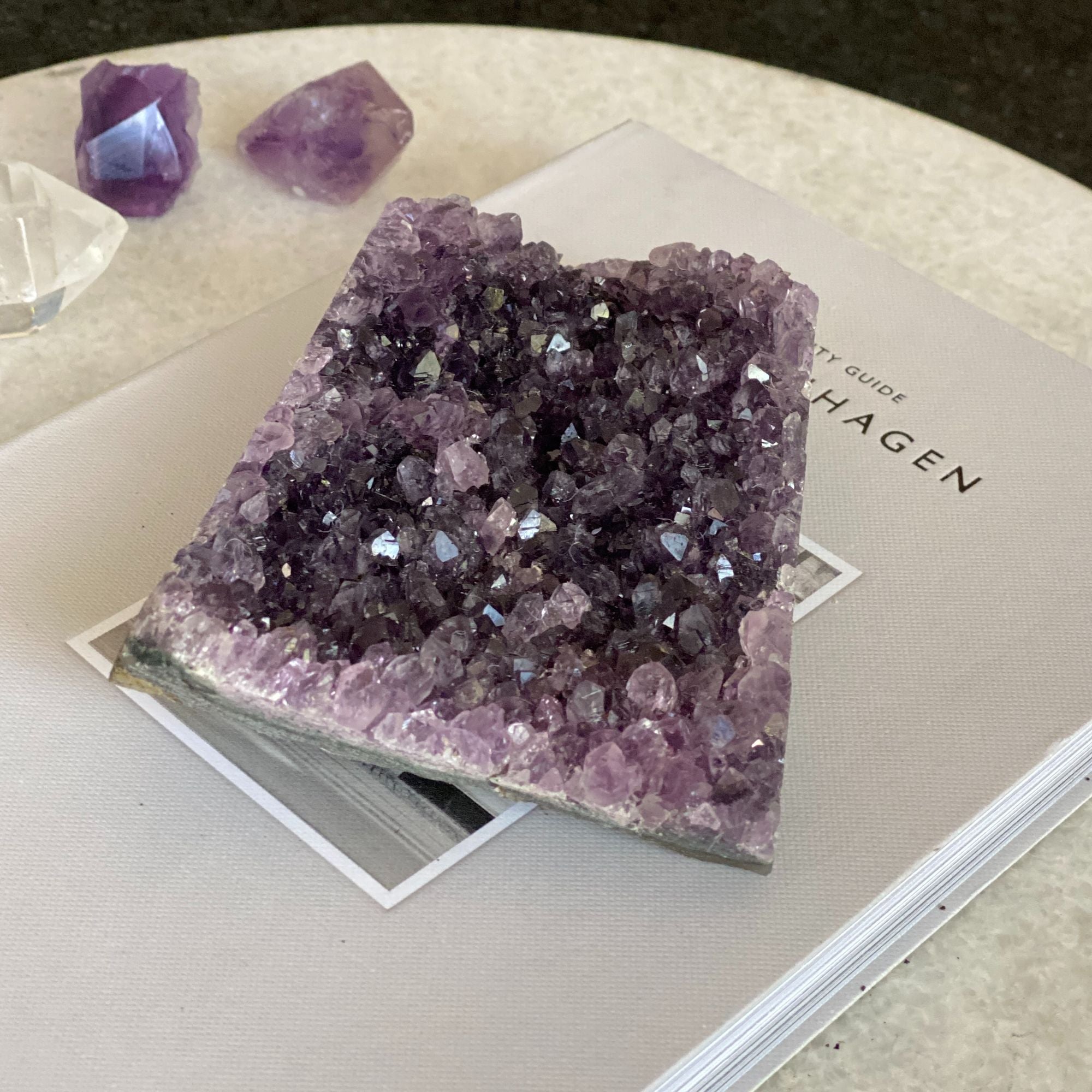 Natural vibrant deep purple amethyst cluster geode from Uruguay, 3x4.3 inches, sparkling crystals.